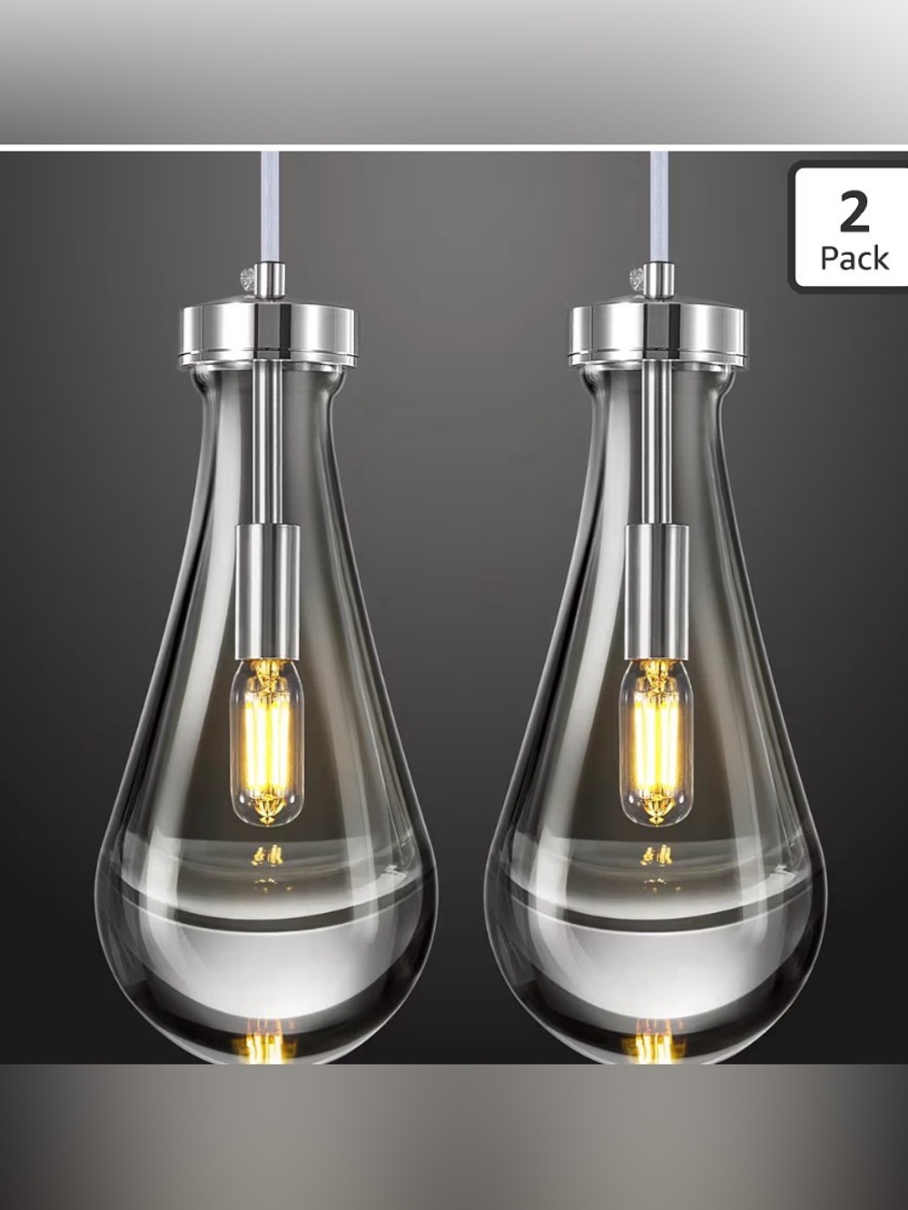 Set of 2 Teardrop Chrome Hanging Light Fixtures Clear Solid Glass Pendant Light